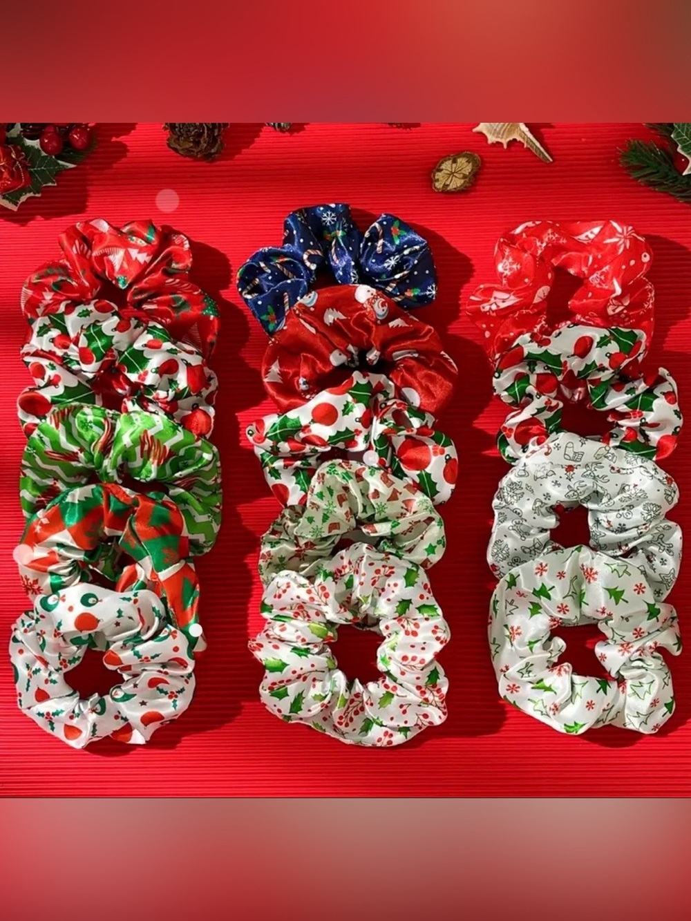 Festive Red and Green Hair Scrunchies Accessories Set